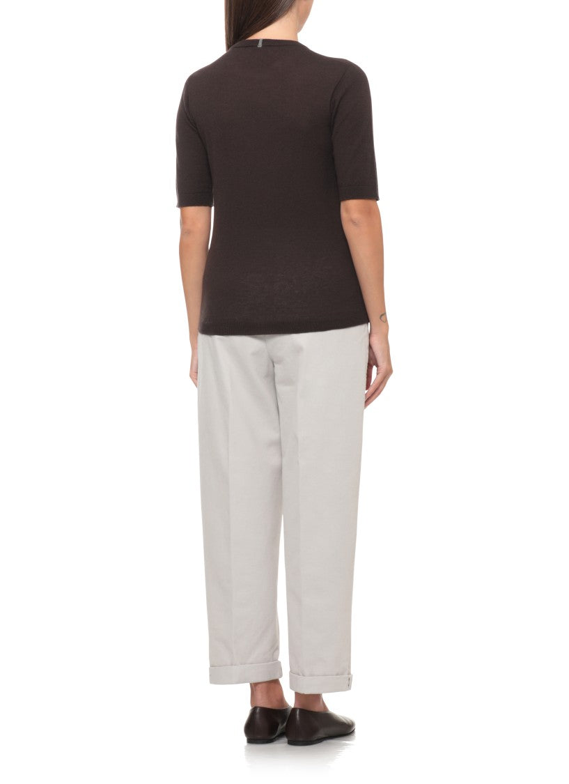 Panicale Brown Round-Neck Elastic Ribbed Cashmere Sweater