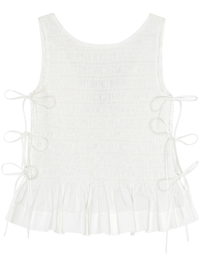 Ganni Smocked Bodice Cotton Poplin Top With Ruffled Hem