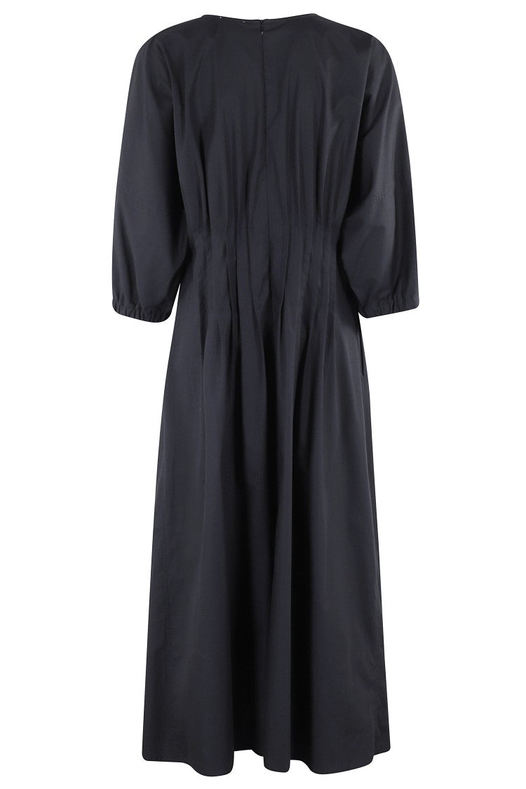 Malo Pleated Black Poplin Midi Dress