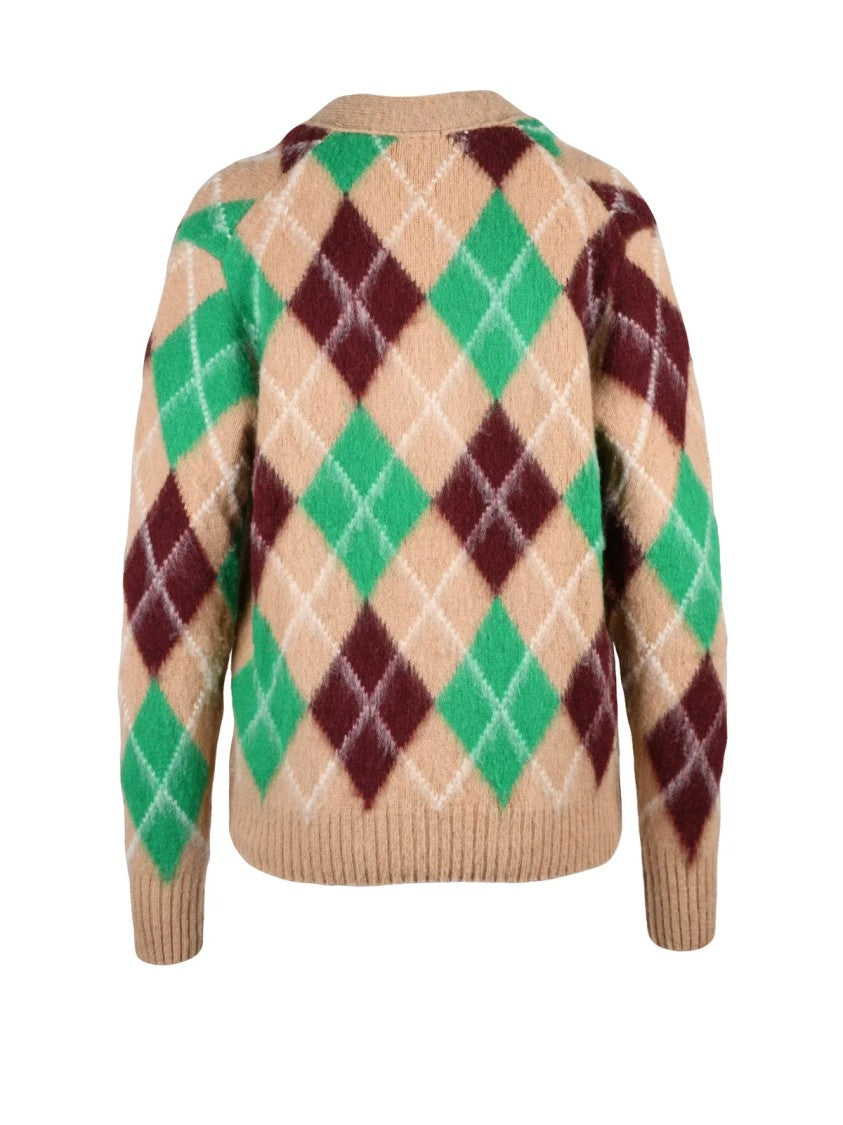 Aspesi Beige/Green Argyle Pattern V-Neck Wool Cardigan