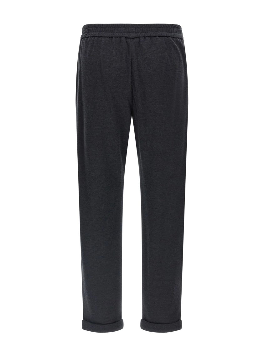 Brunello Cucinelli Gray Shiny Monili Detail Cotton-Silk Straight-Leg Pants