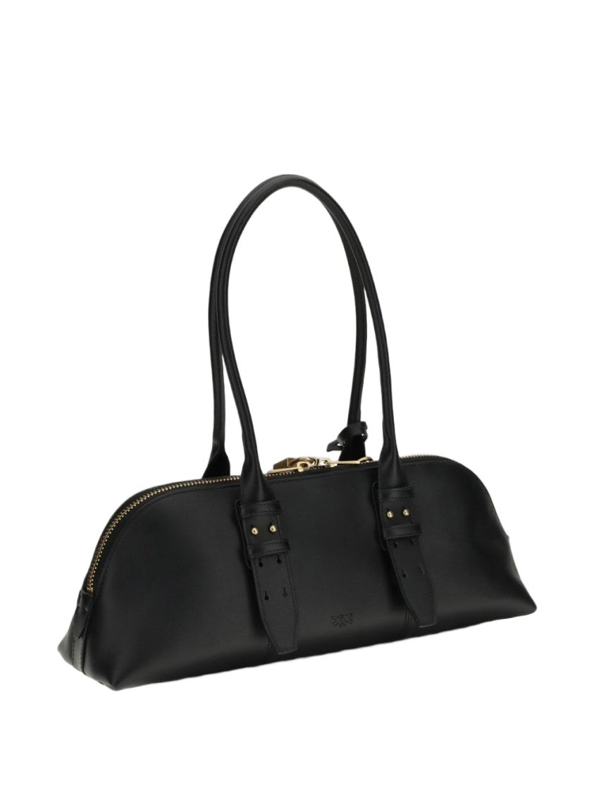 Pinko Black Calf Leather Handbag With Gold Accents