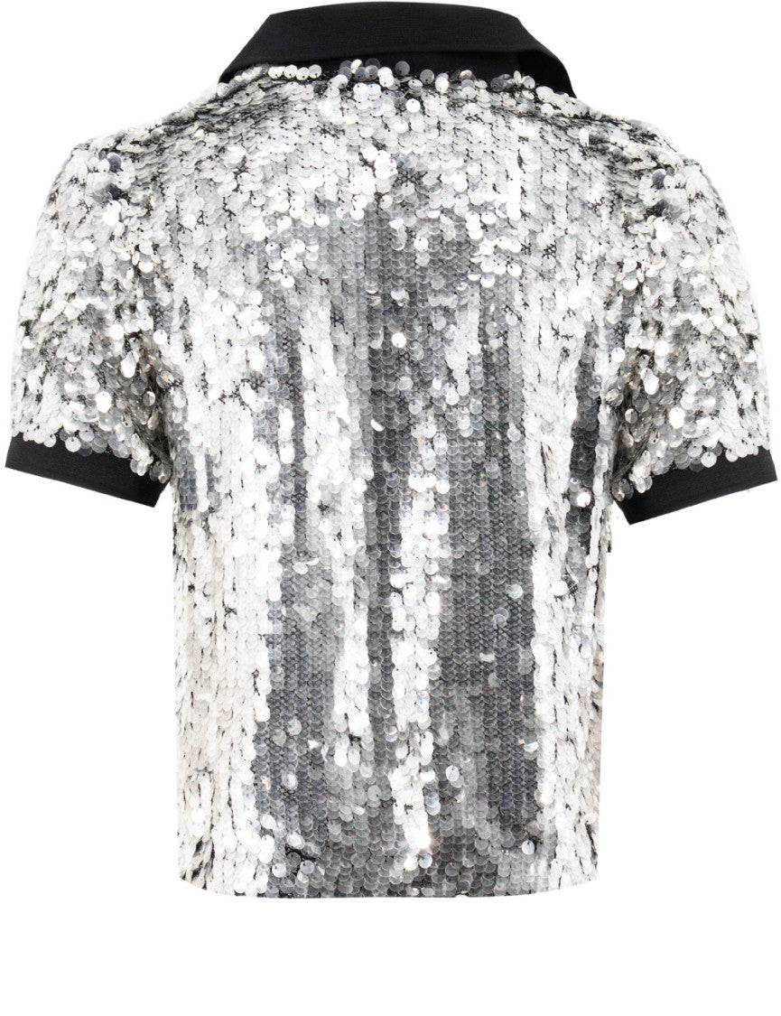 Pinko Transparent Black Polo Shirt With Sequin Embroidery