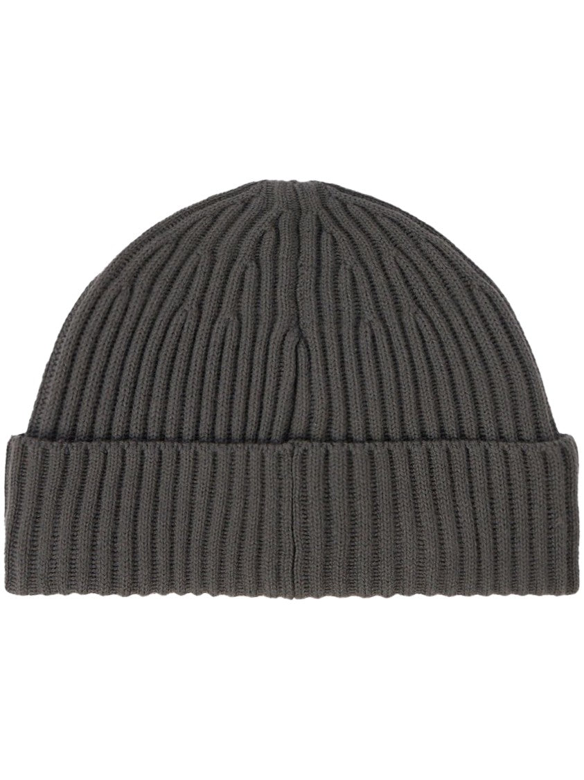 Stone Island Ribbed Knit Beanie With Folded Cuff And Logo Patch