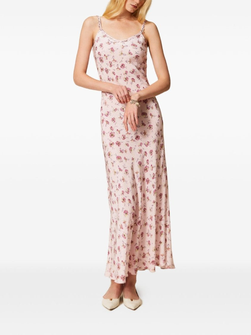 Twin-Set Flowing Pink Maxi Dress With Floral Pattern
