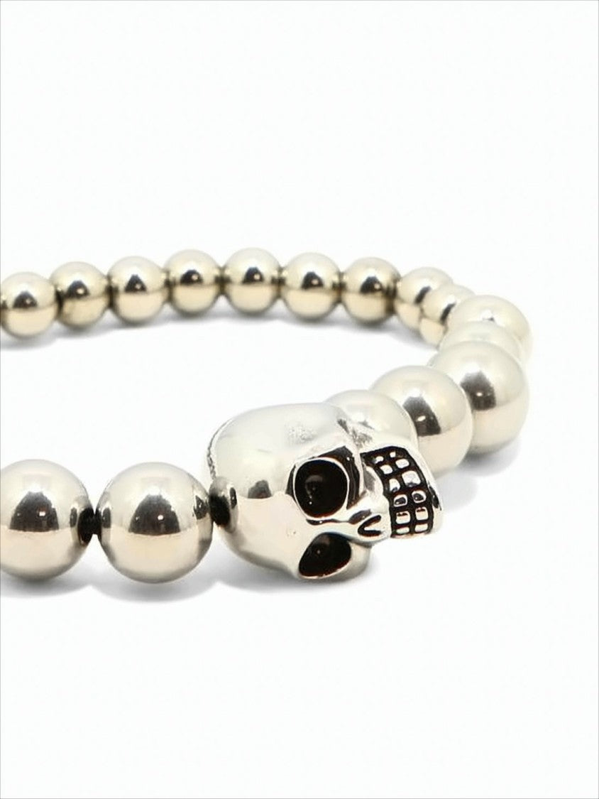 Alexander Mcqueen Polished Silver Bead Bracelet With Skull Centerpiece