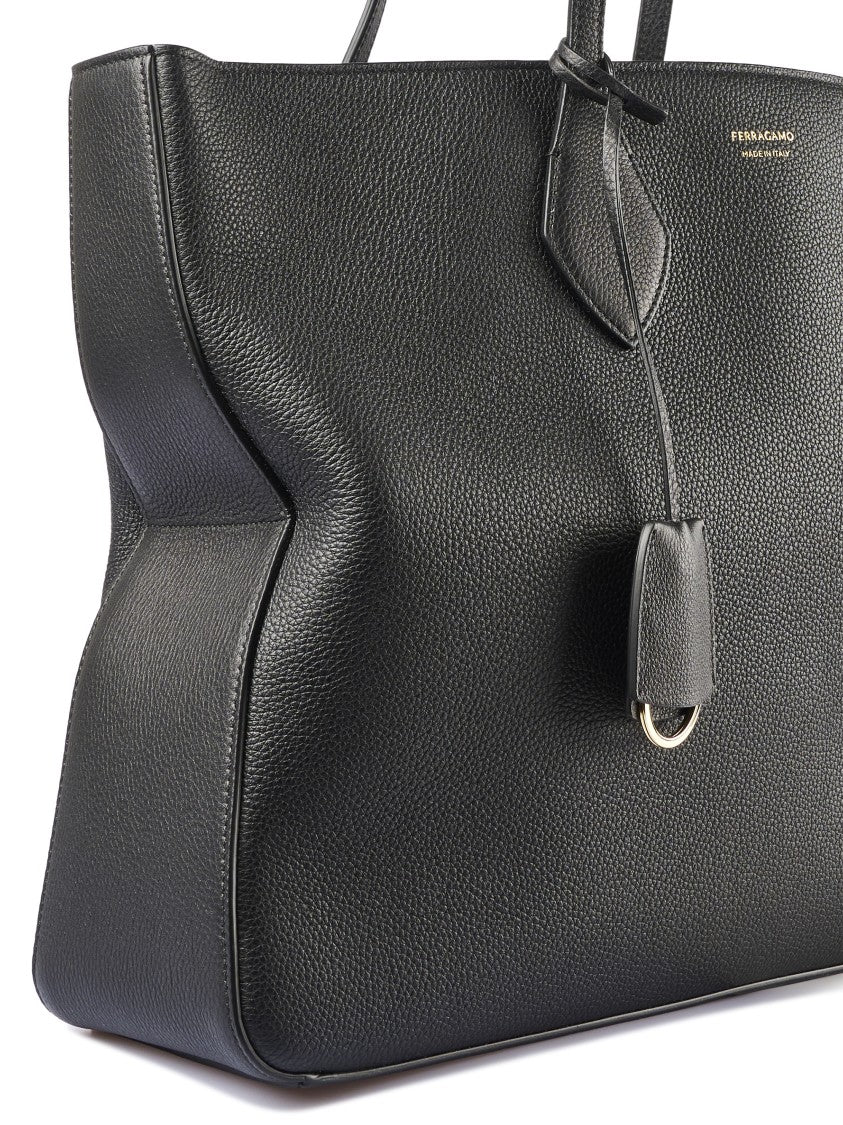 Ferragamo Structured Pebbled Leather Tote With Gold Details