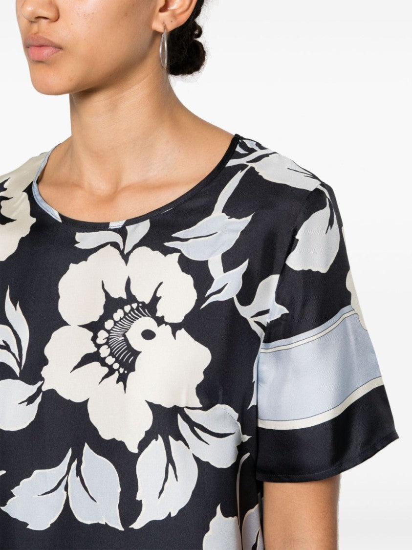 P.A.R.O.S.H. Floral Print Silk Short Sleeve Blouse