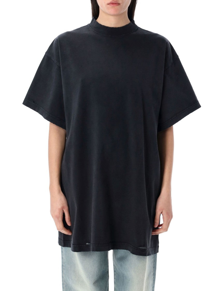 Balenciaga Distressed Black Oversized T-Shirt With Ribbed Crew Neck