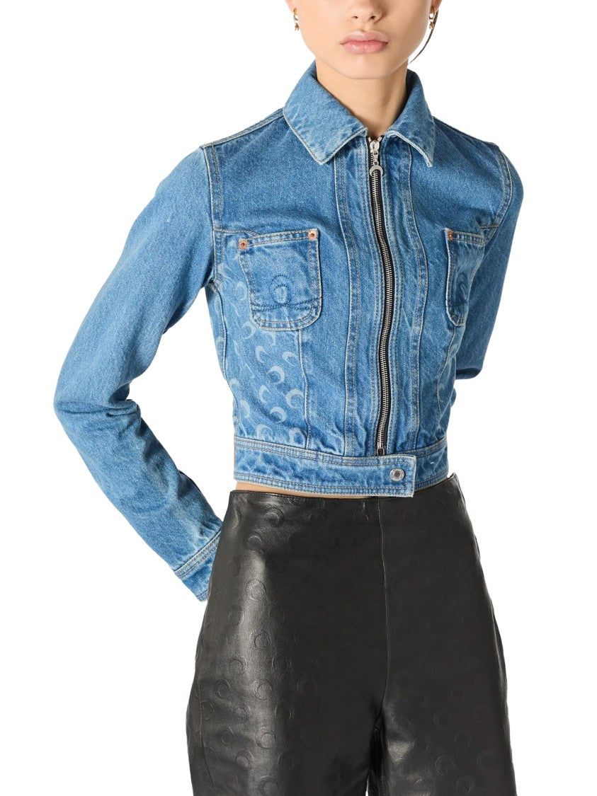 Marine Serre Cropped Denim Trucker Jacket With Crescent Moon Patterns