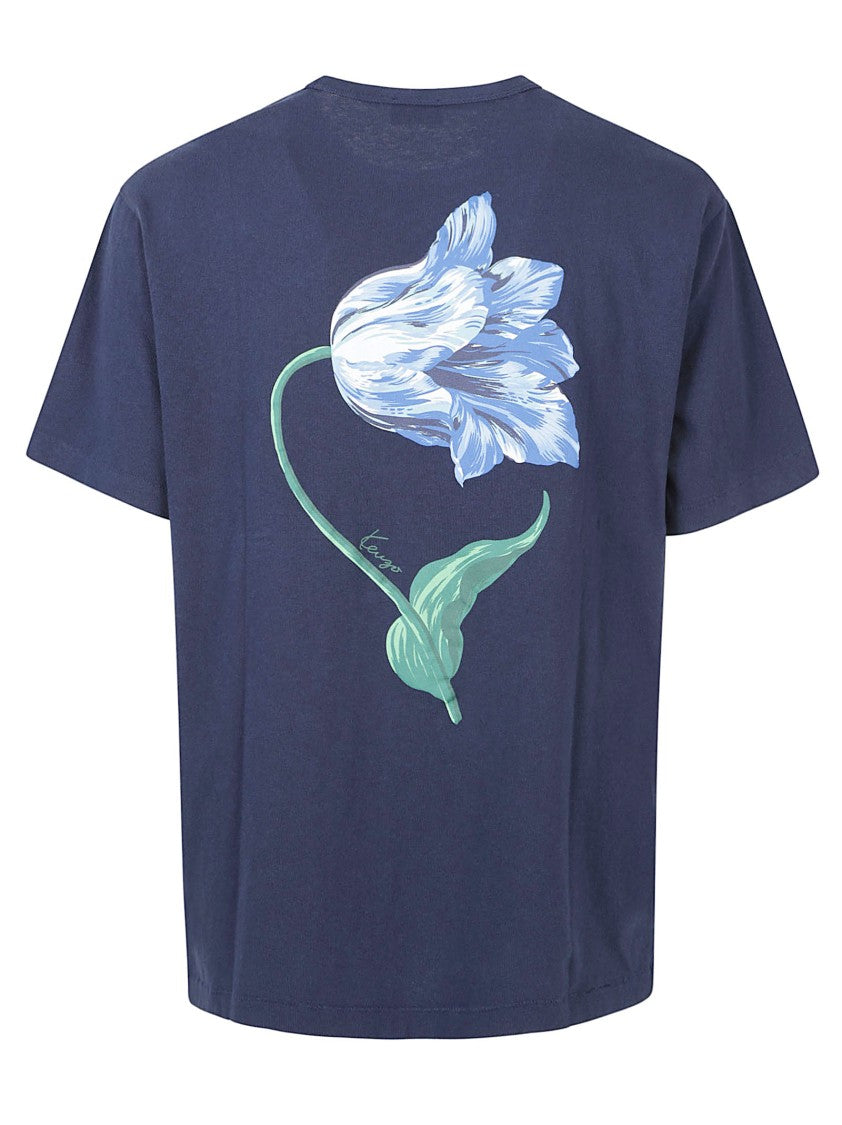 Kenzo Navy Blue Short-Sleeve T-Shirt With Embroidered Floral Detail