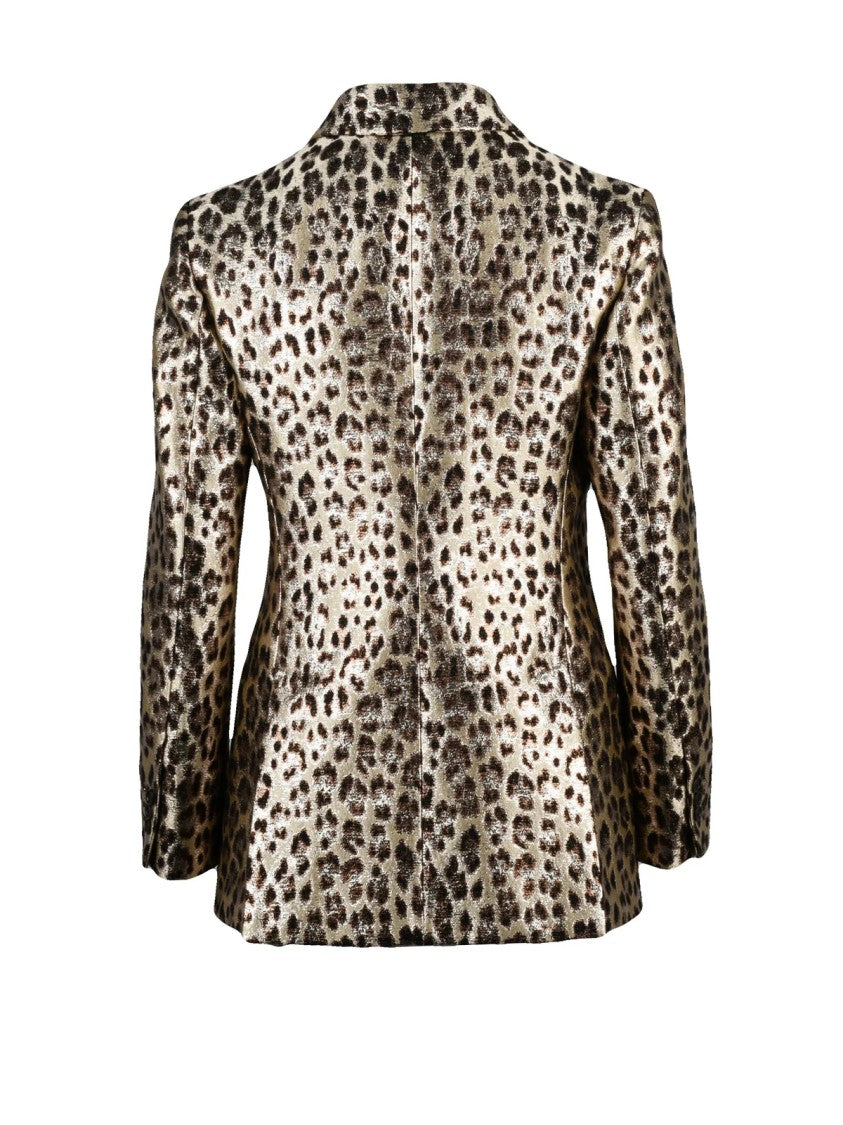 P.A.R.O.S.H. Metallic Lamé Double-Breasted Jacket With Leopard Print Design