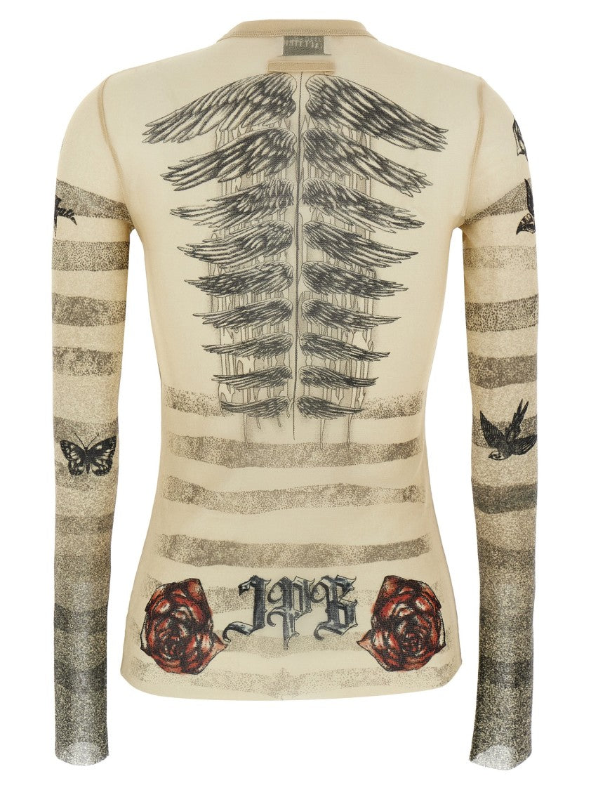 Jean Paul Gaultier Printed Stretch Tulle Top With Crew Neck