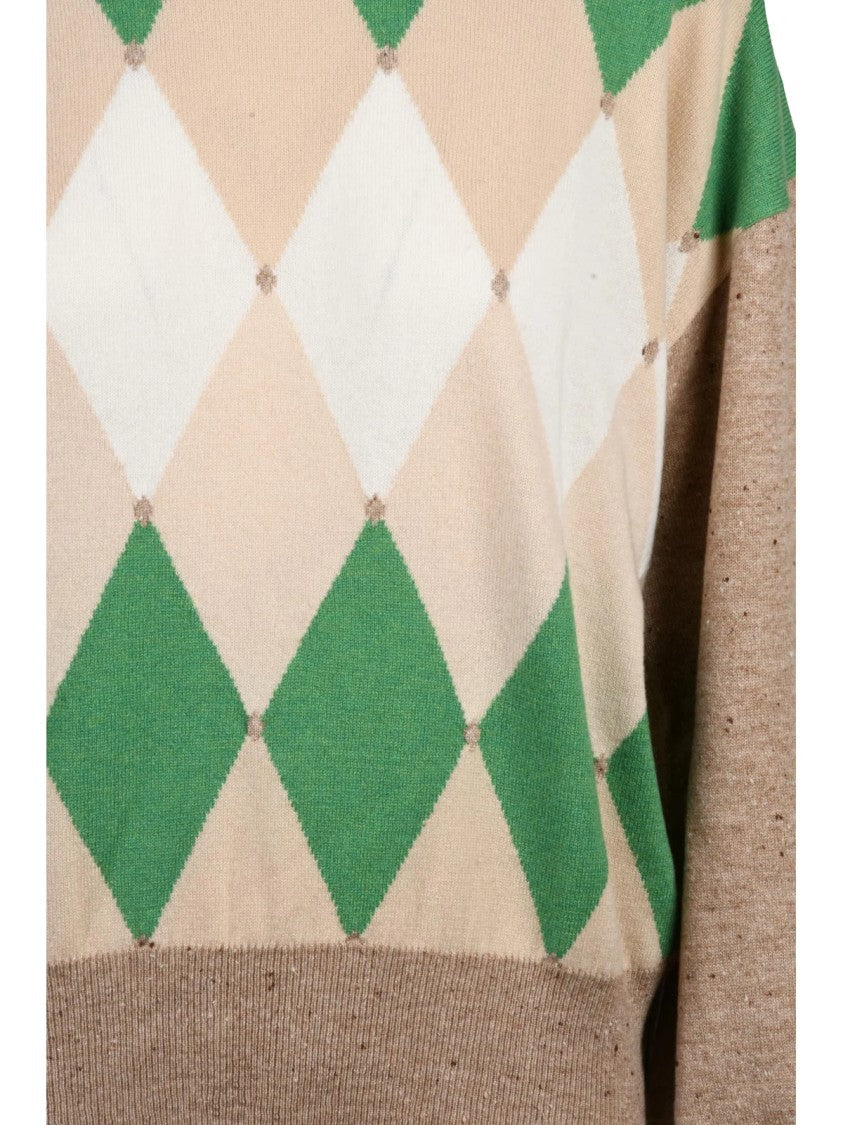 Ballantyne Crew Neck Cashmere Pullover With Puff Sleeves And Argyle Pattern