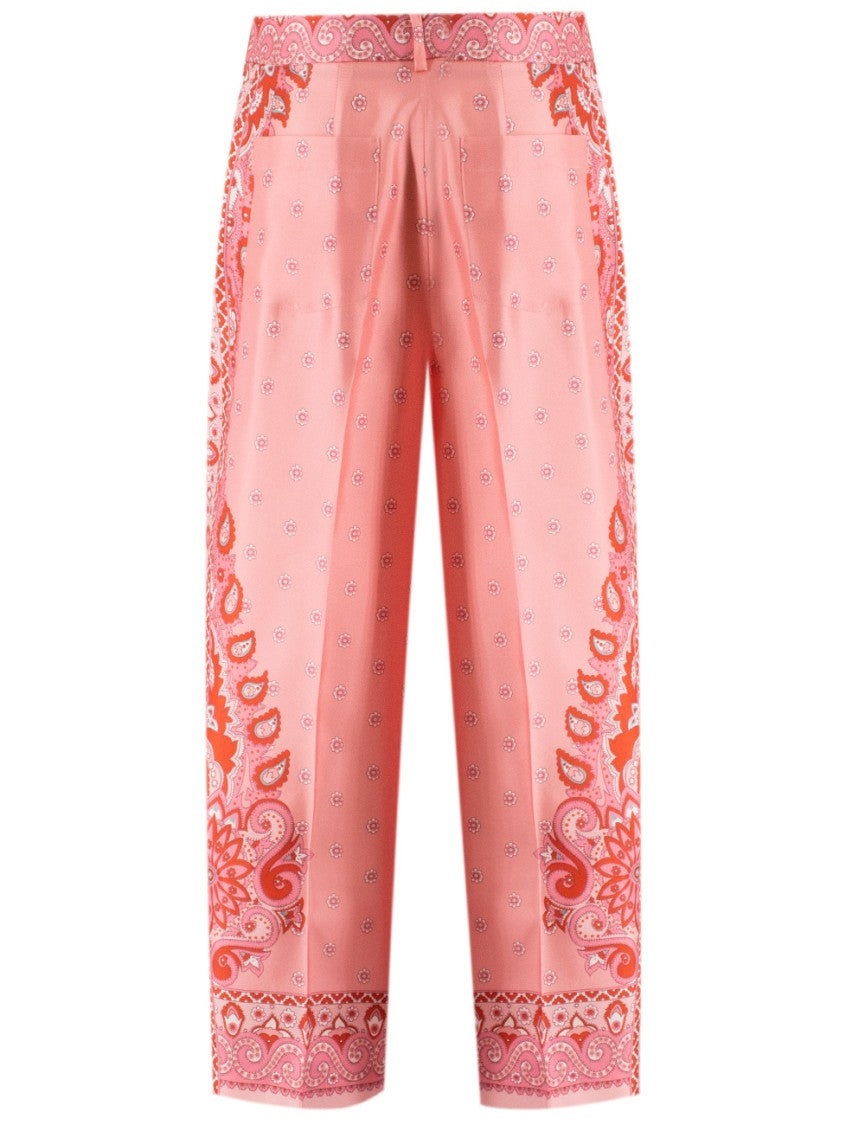 Etro Floral Pattern Silk Trousers With Medallion Details