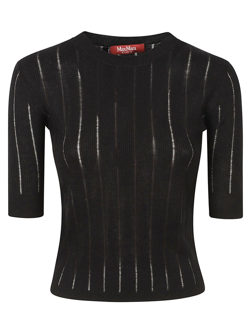 Max Mara Ribbed Knit Top With Sheer Vertical Stripes