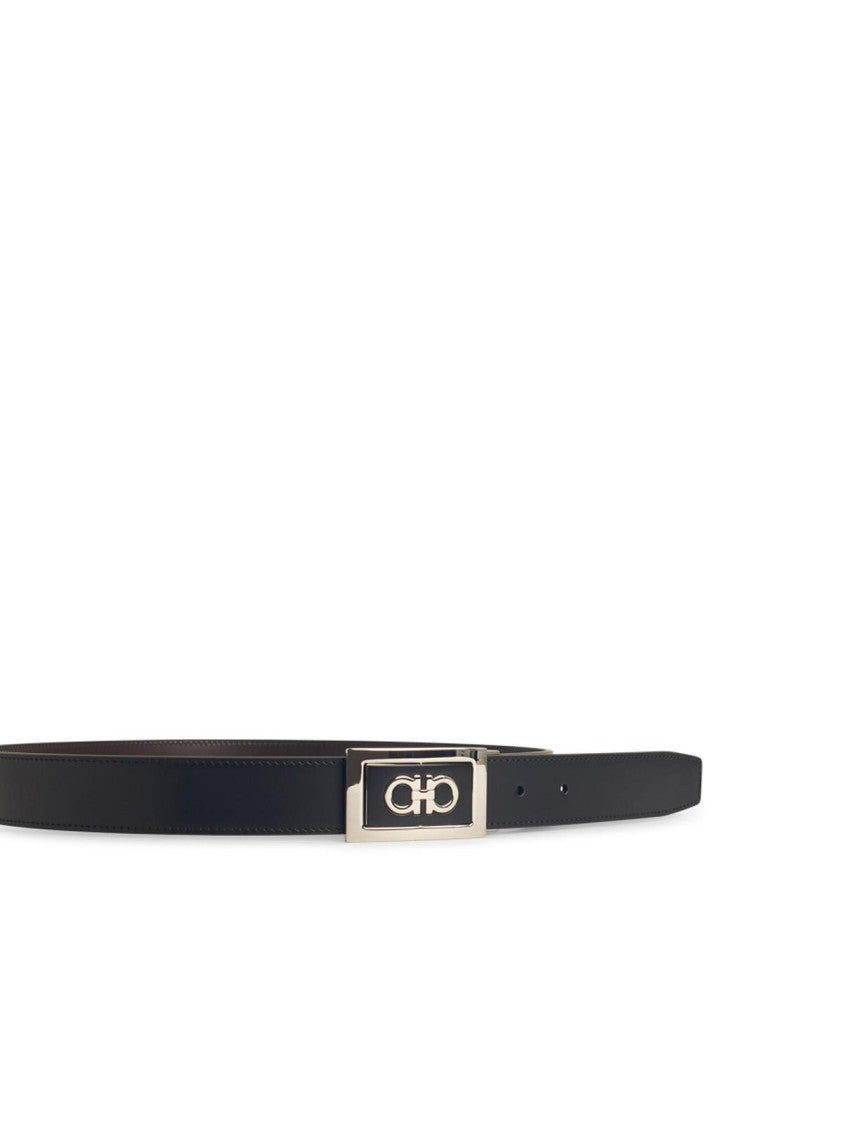 Salvatore Ferragamo Reversible Black Calfskin Leather Belt With Logo Medallion