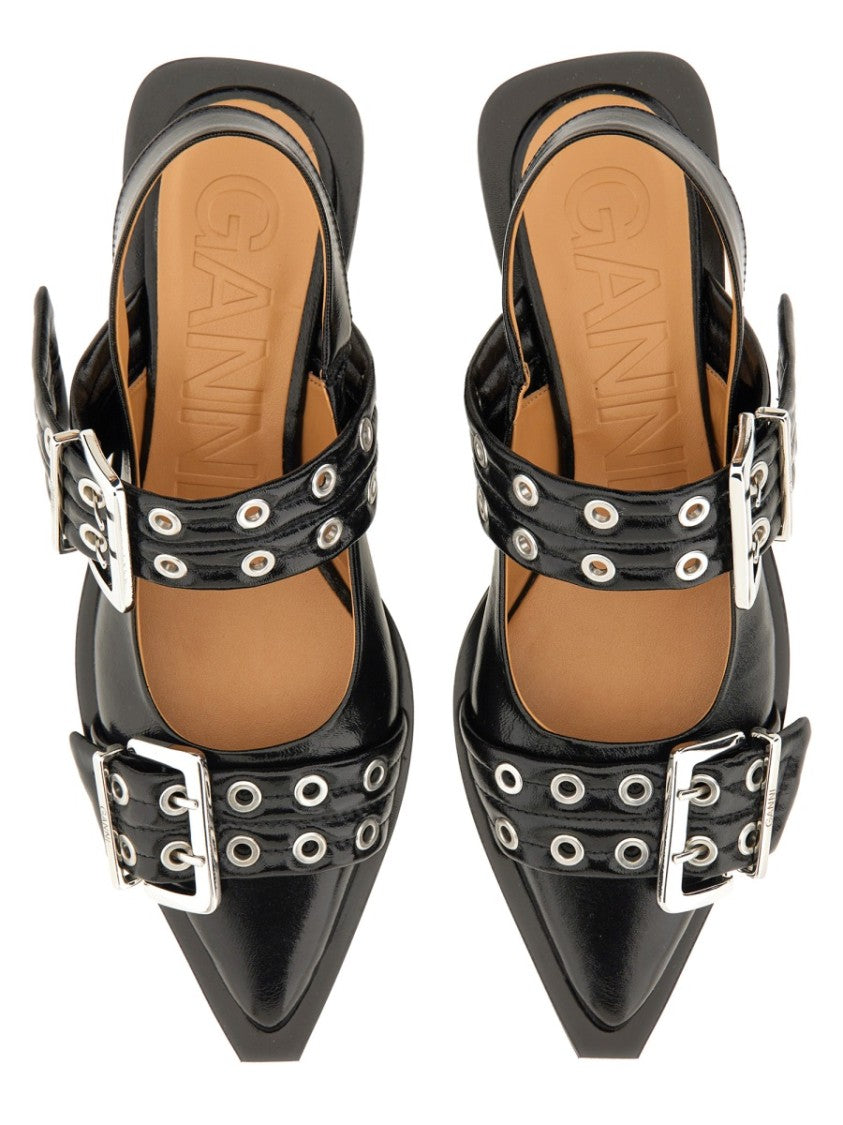 Ganni Pointed Toe Silver Buckle Polyester Flats
