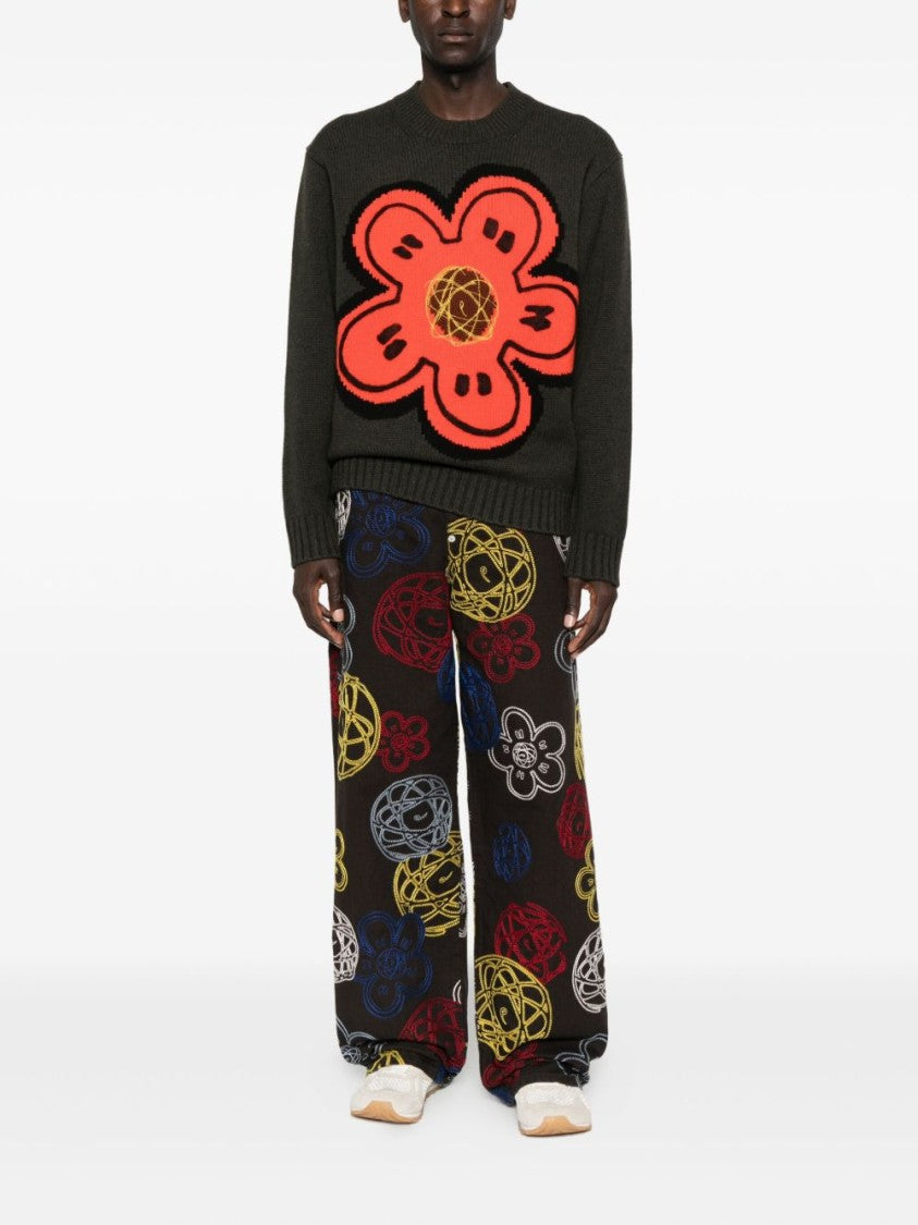 Kenzo Dark Green Wool Jumper With Bright Floral Embellishment