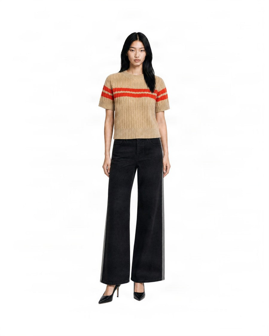 Patrizia Pepe Ribbed Knit Sweater With Horizontal Stripes And Crew Neckline
