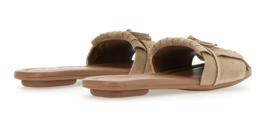 Hogan Beige Suede Slip-On Sandals With Fringe