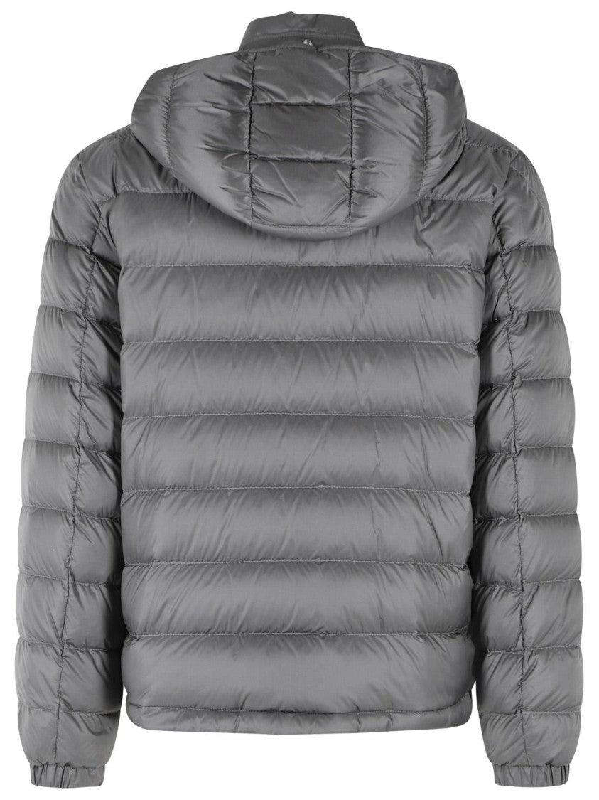 Moncler Quilted Grey Down Jacket With Removable Hood And Logo Patch