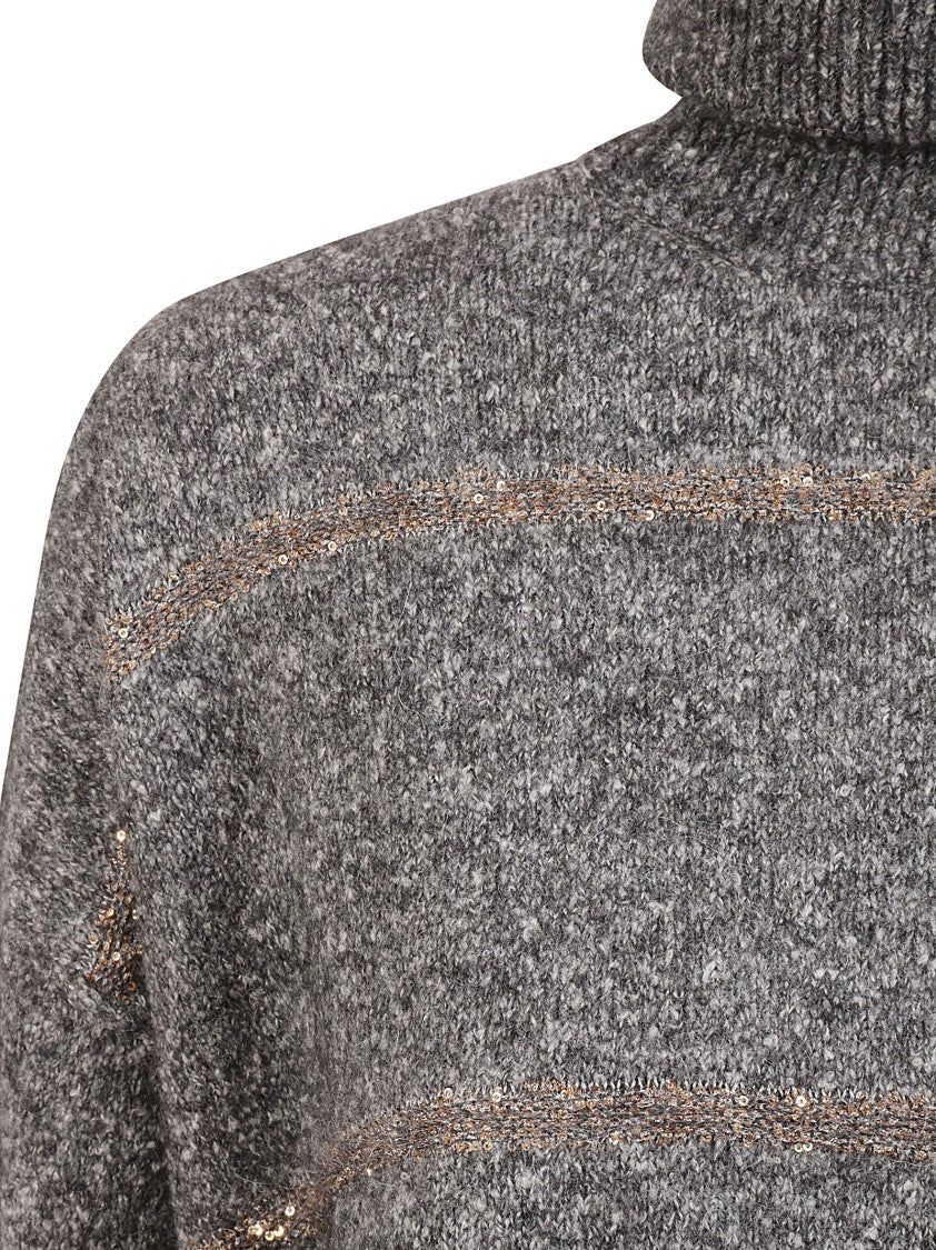 Brunello Cucinelli Textured Grey Sweater With High Neck