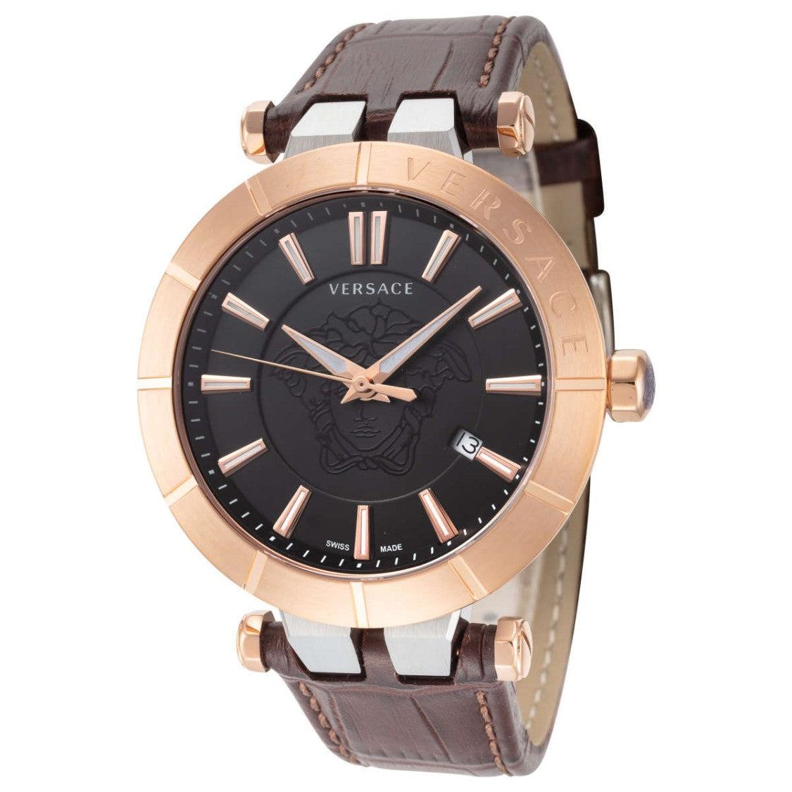 Versace V-Race Timepiece With Black Dial And Textured Leather Strap