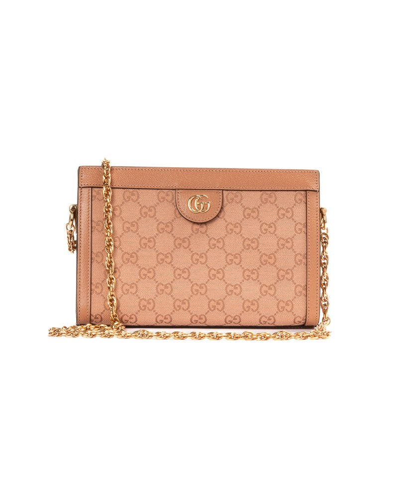 Gucci Pink Gg Supreme Ophidia Chain Small Canvas Shoulder Bag