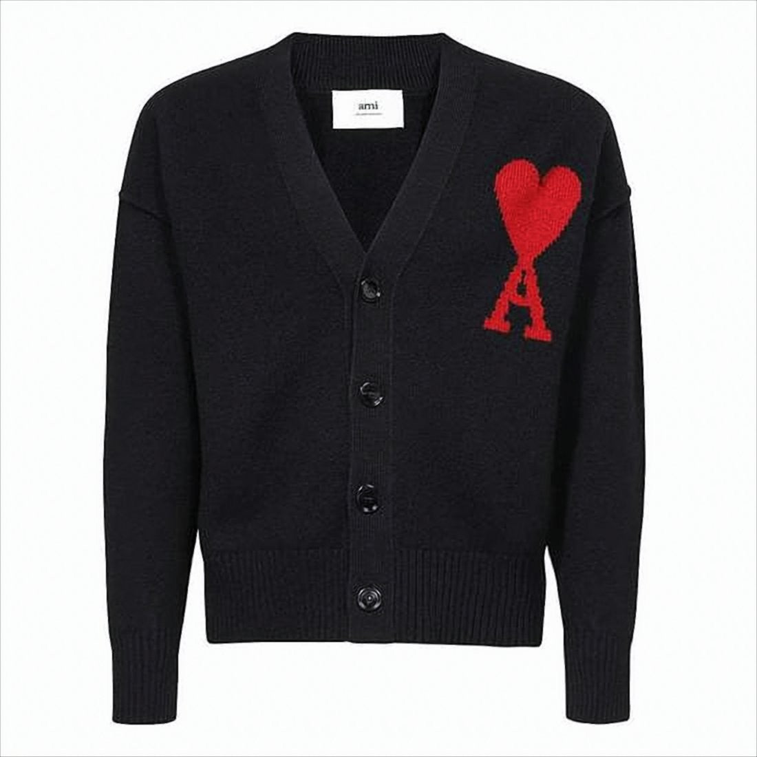 Ami Wool Cardigan With Deep V-Neckline And Heart Motif