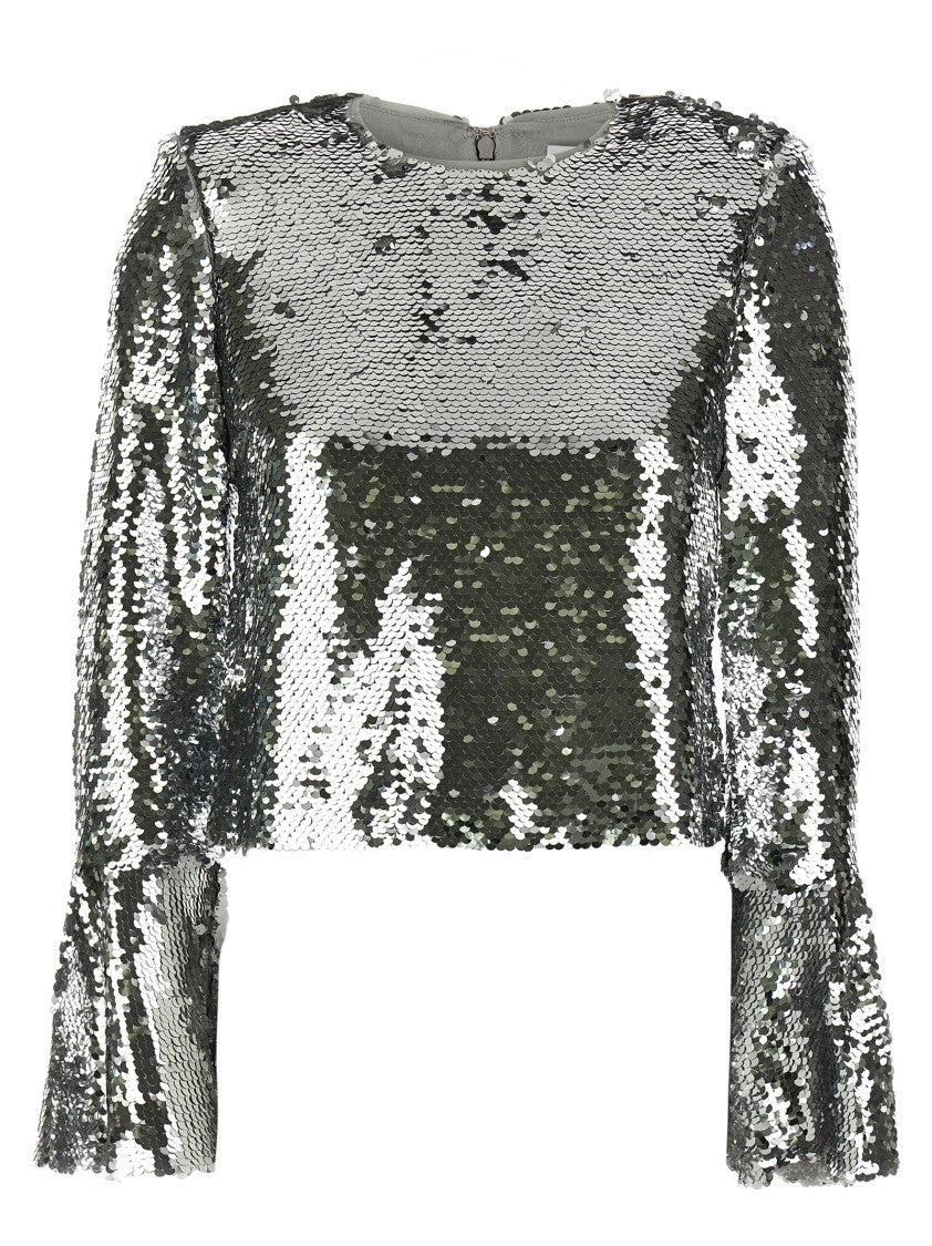 Self-Portrait 'Silver Sequin Flared Sleeve' Top