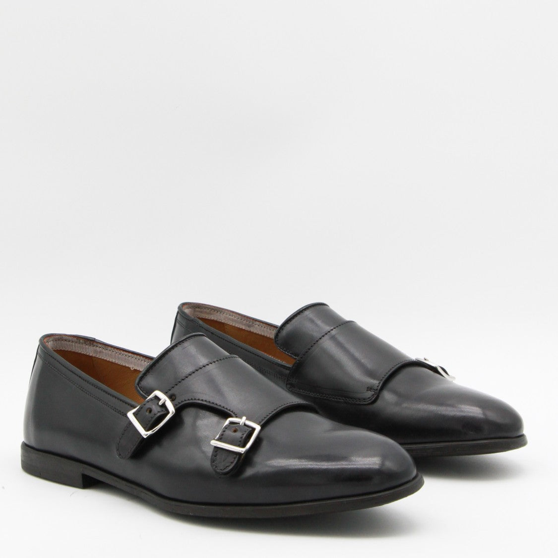Mille885 Polished Black Leather Monk Strap Flat Shoes