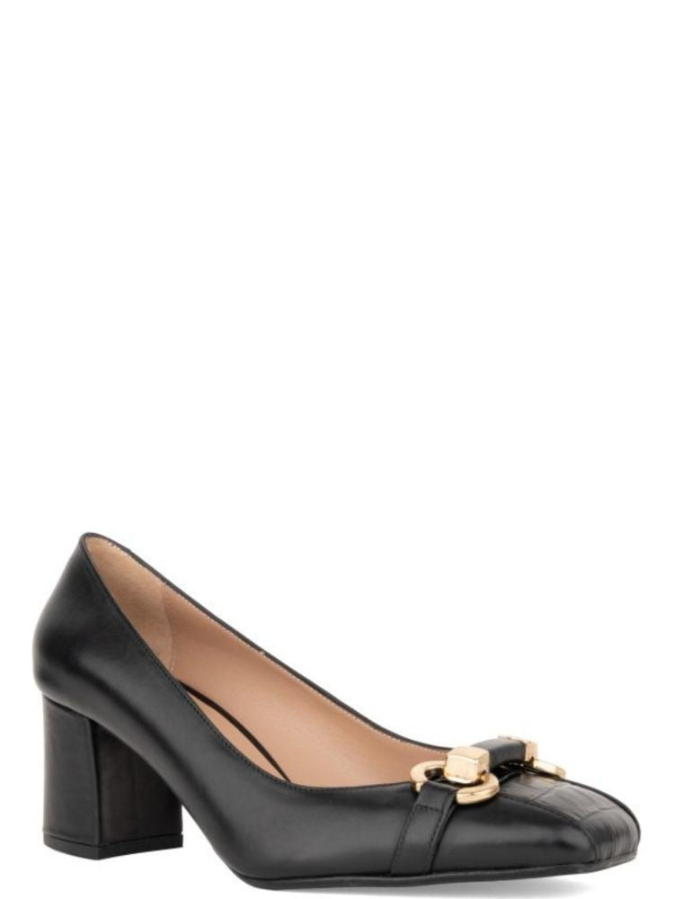 Sergio Moretti Black Gold-Tone Buckle Leather Low-Heel Pumps