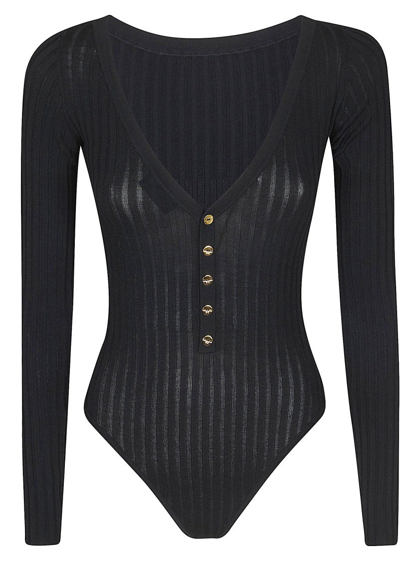 Elisabetta Franchi Fitted Black Bodysuit With Gold Buttons