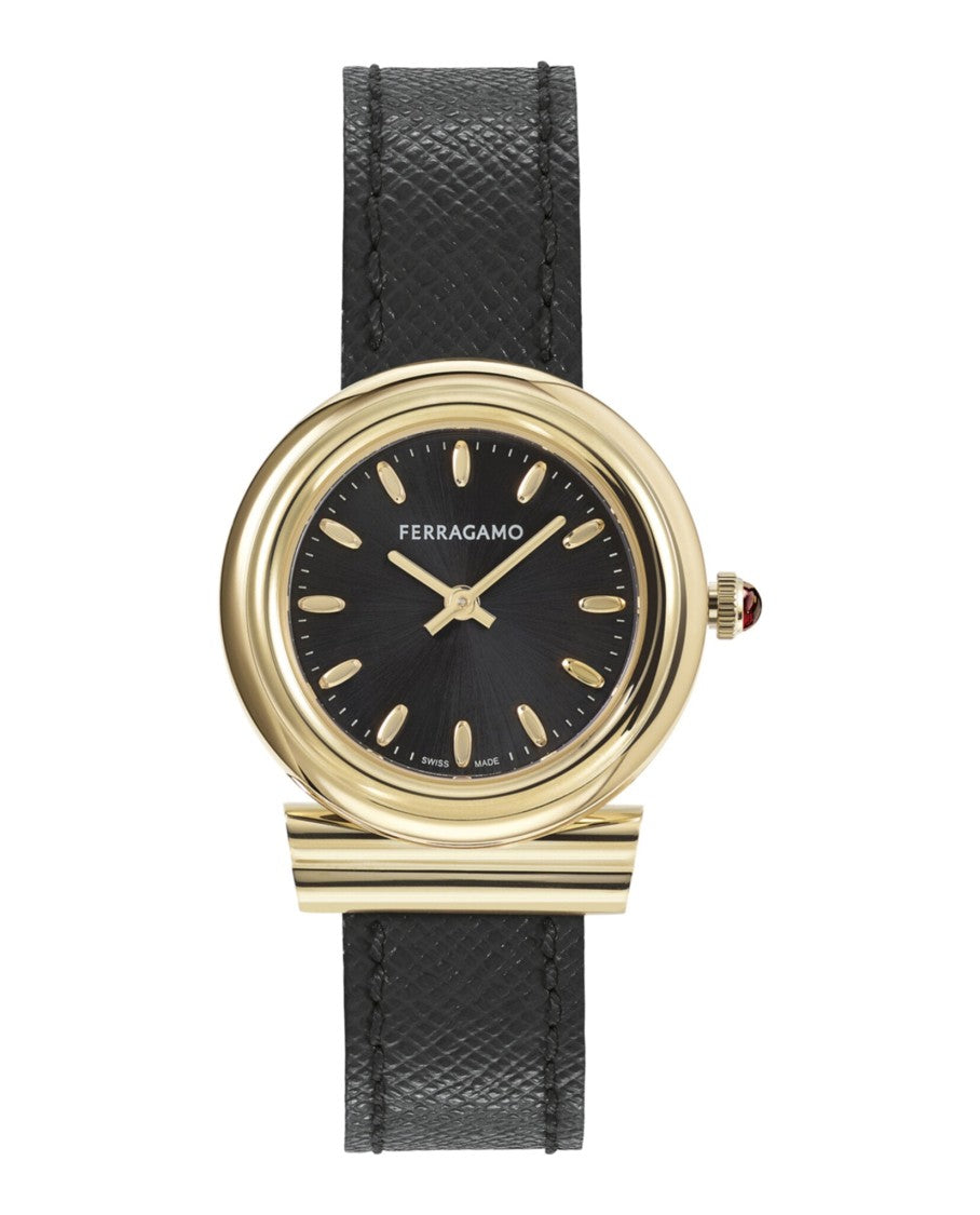 Ferragamo Gancini Leather Watch With Yellow Gold Polished Case