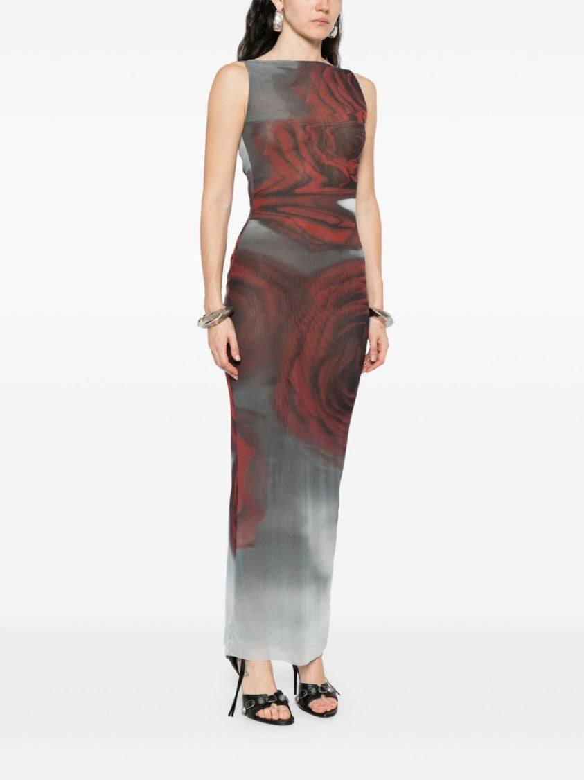 Jean Paul Gaultier Dark Red Roses Print Boat Neck Dress