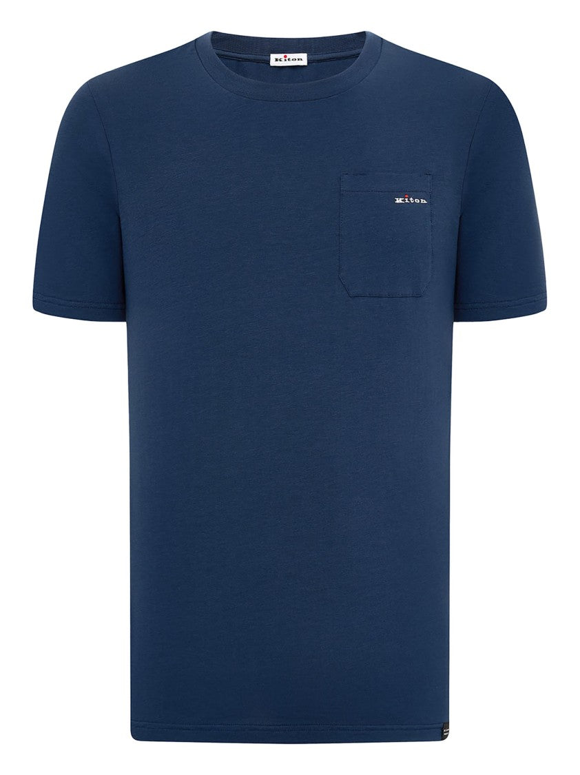 Kiton Blue Stretch Cotton Jersey T-Shirt With Logo Pocket