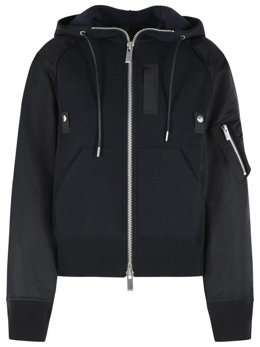 Sacai Black Drawstring Hooded Cotton-Blend Zip Sweatshirt