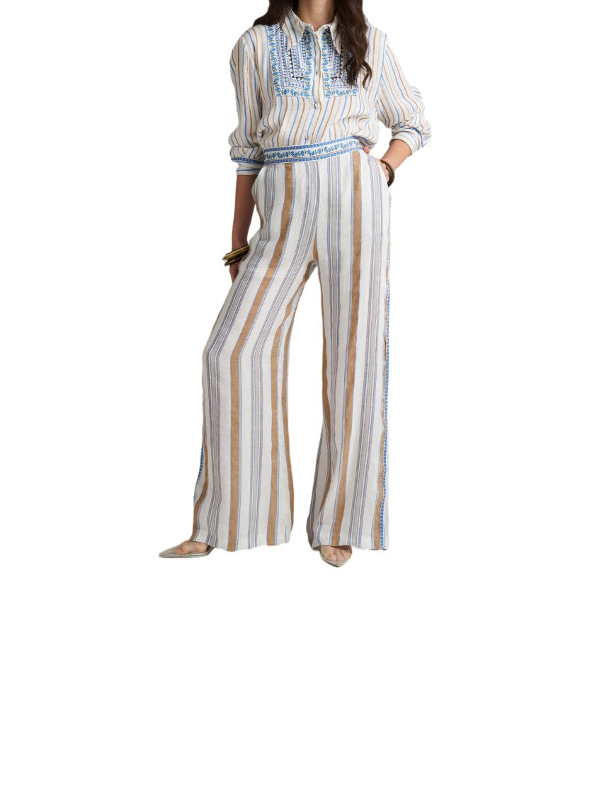 Pho Firenze White Striped Embroidered Fabric Wide-Leg Pants