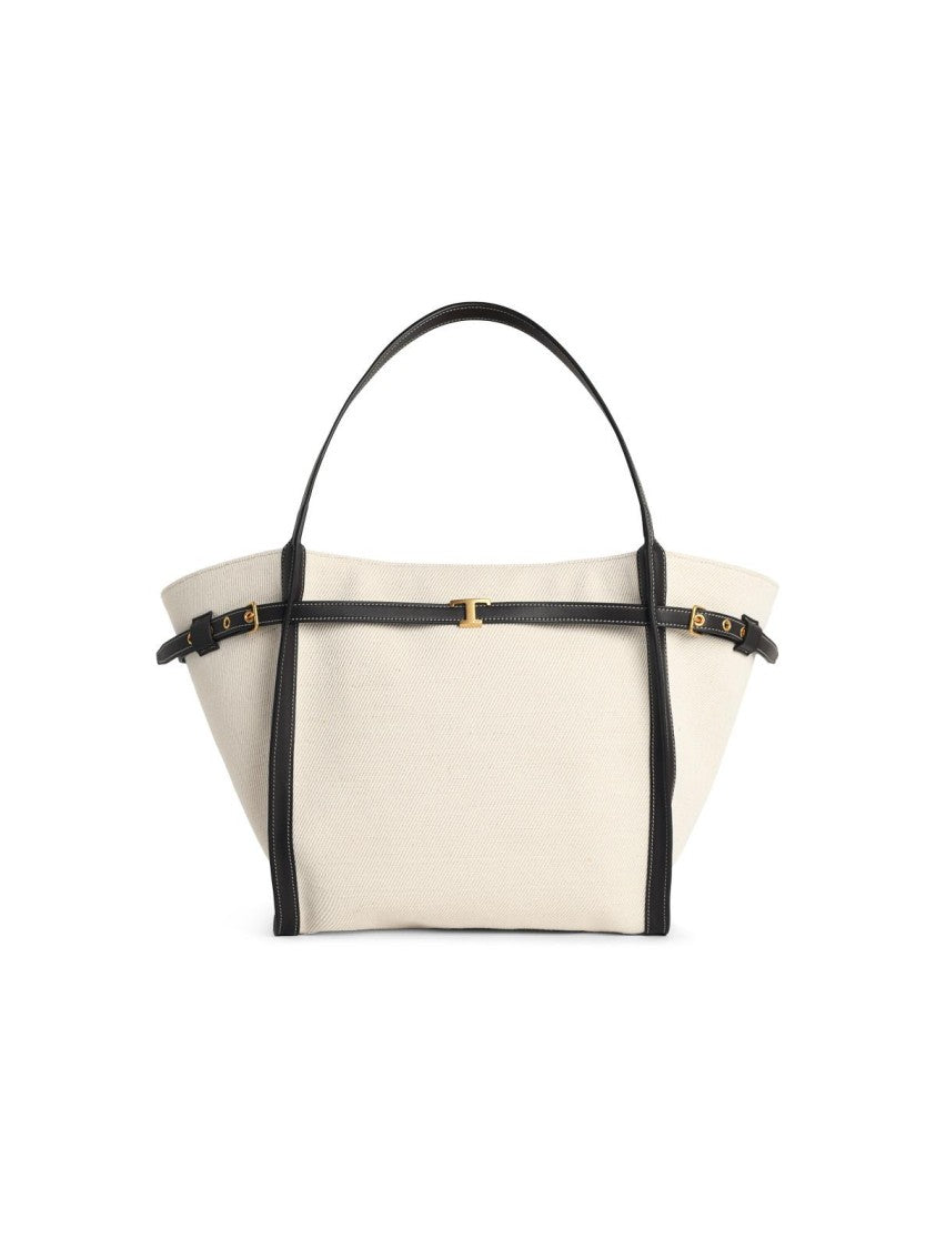Tod's 'Shopping Tim' Canvas And Midi White Leather Bag