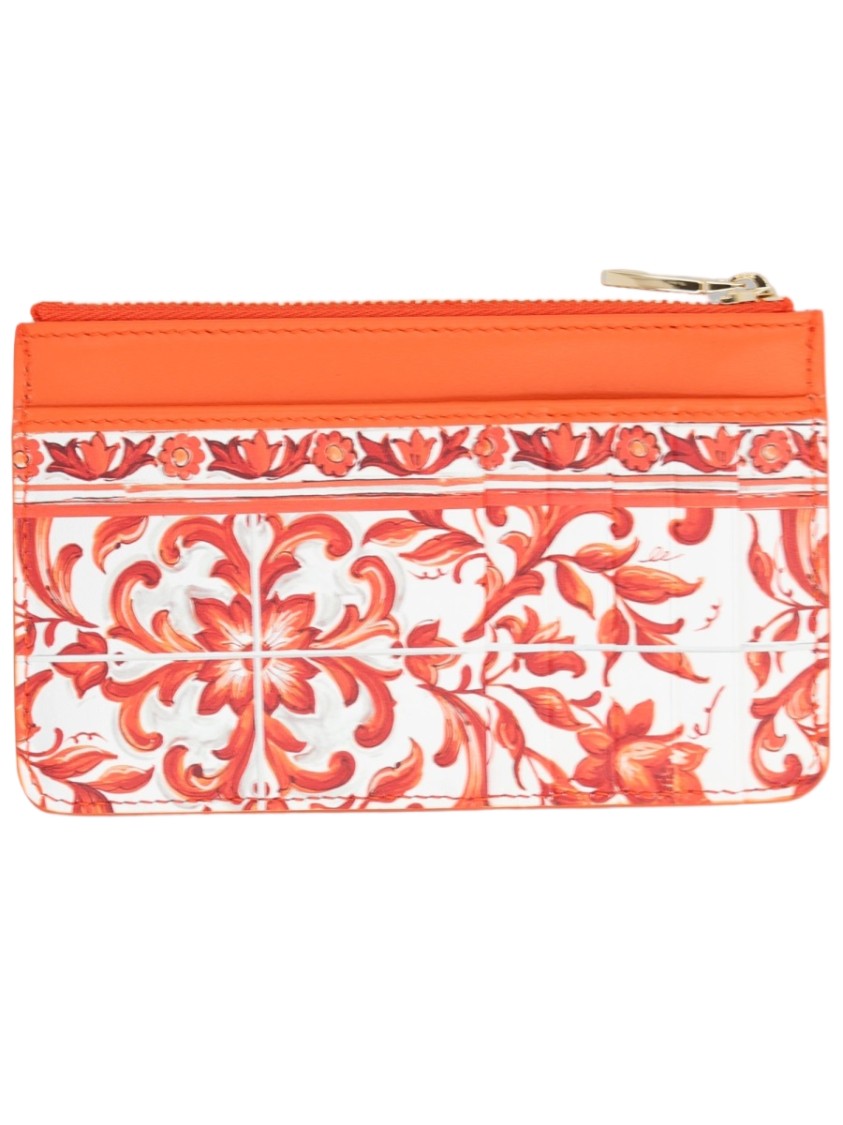 Dolce & Gabbana Maiolica Floral Top Zip Leather Card Holder