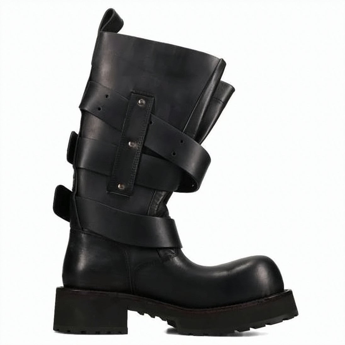 Balenciaga Mid-Calf Black Cow Leather Boots With Silver Buckle Straps