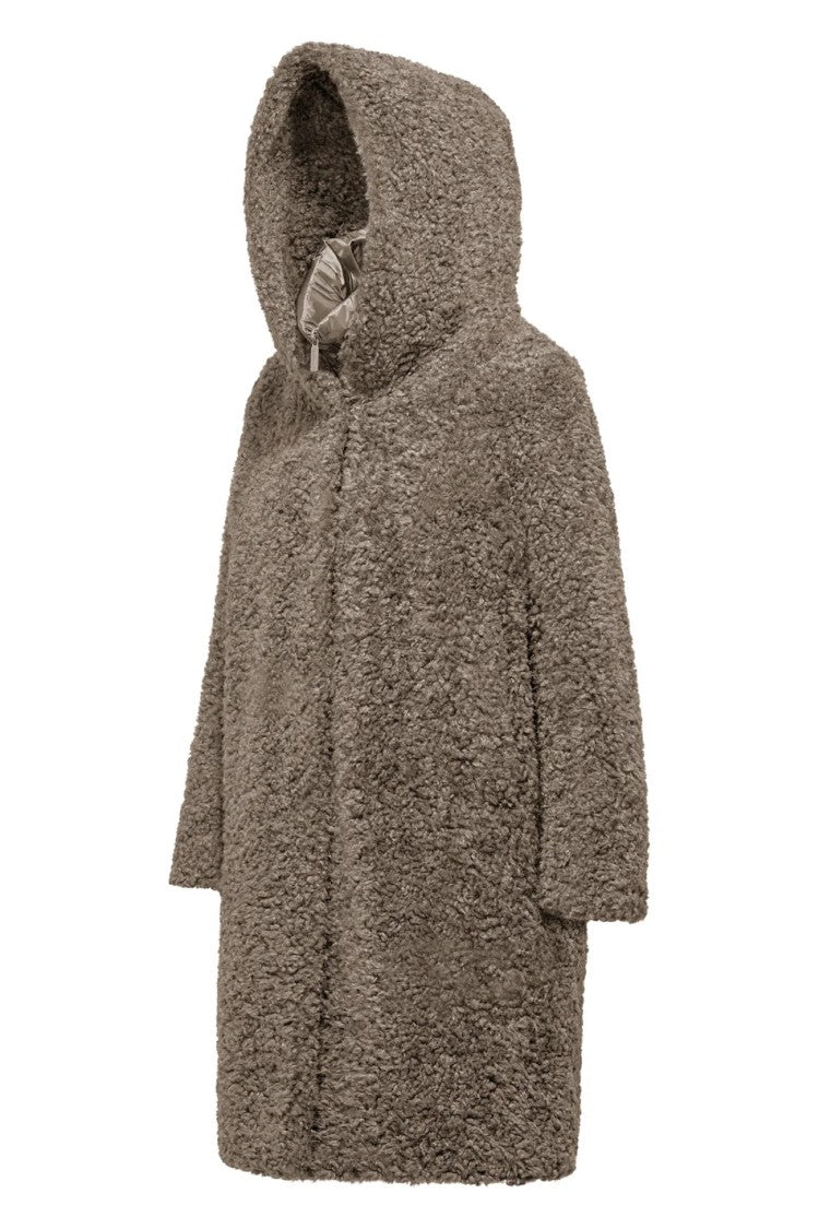 Bomboogie Hooded Calf-Length Coat In Plush Faux Lambskin Fur
