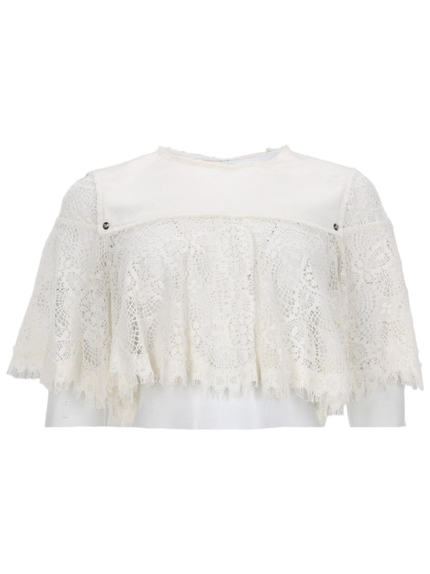 Alexander Mcqueen Cropped Top With Lace Overlay And Scalloped Edges