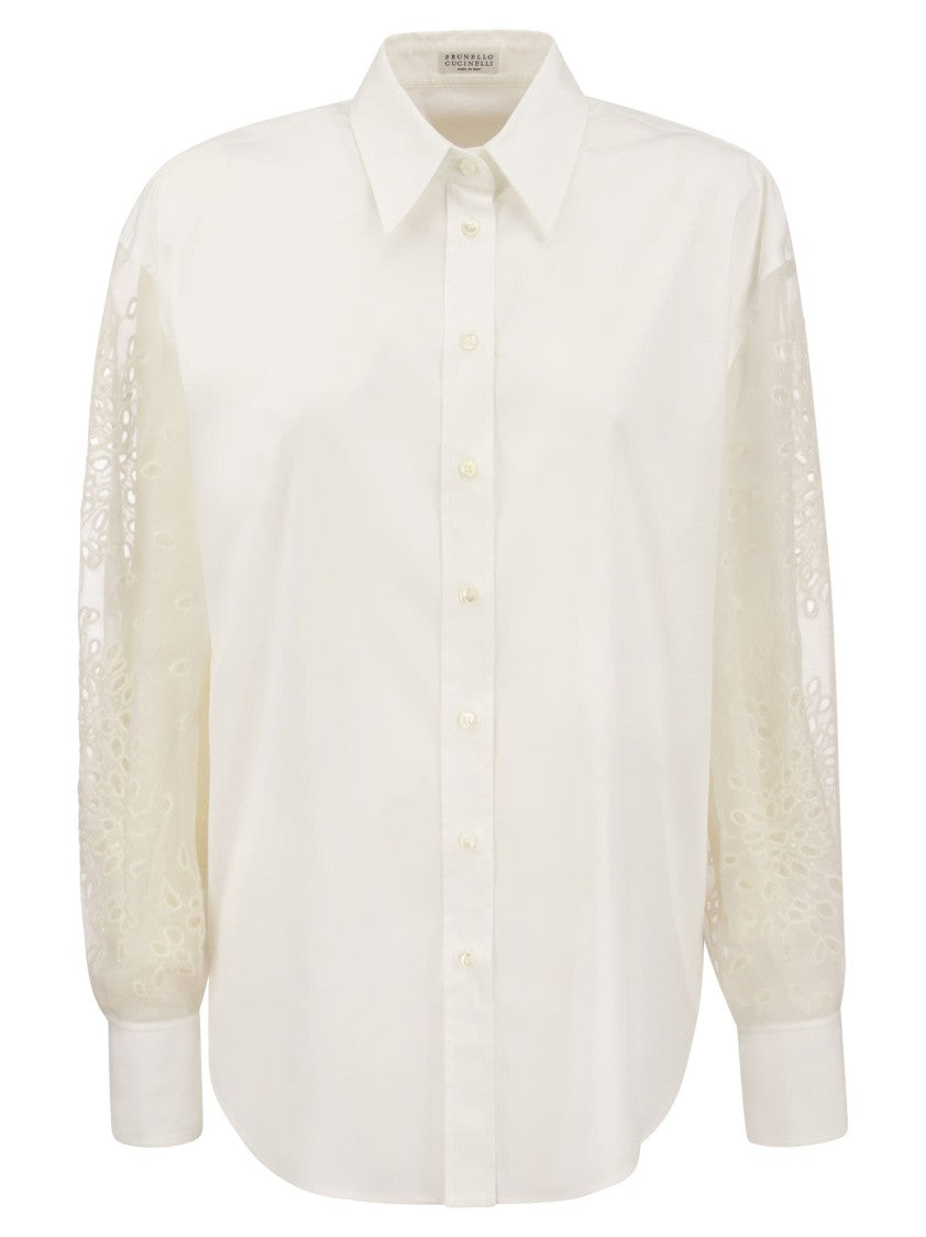 Brunello Cucinelli Stretch Cotton Poplin Shirt With Crispy Silk Broderie Anglaise Sleeve
