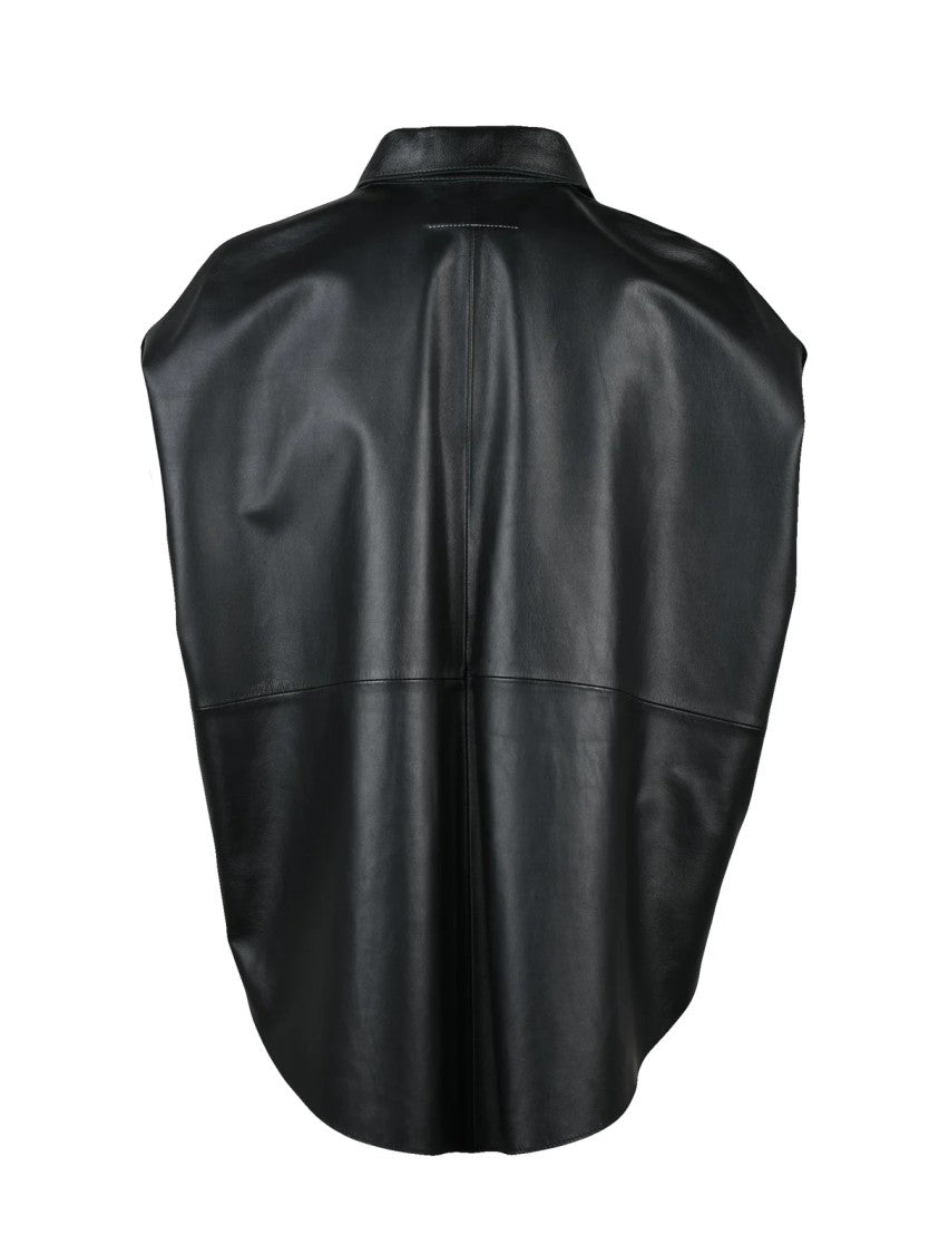 Mm6 By Maison Margiela Black Leather Shirt With Round Cut And Modern Silhouette