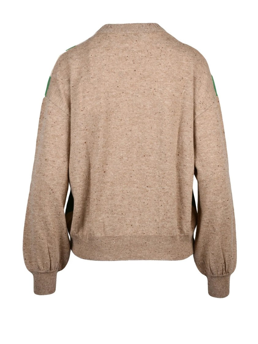 Ballantyne Crew Neck Cashmere Pullover With Puff Sleeves And Argyle Pattern