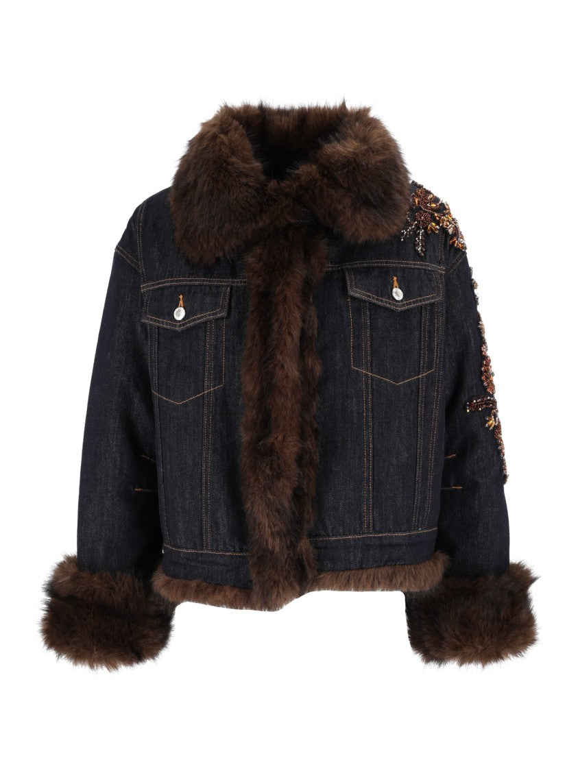 Ermanno Scervino Brown Faux Fur Trim Cropped Denim Jacket