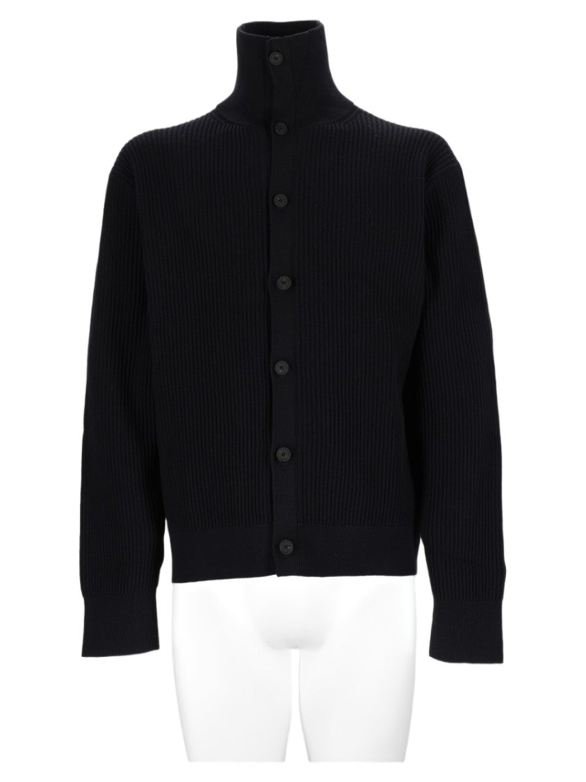 Studio Nicholson Black Ribbed Knit High Stand Collar Cotton Sweater