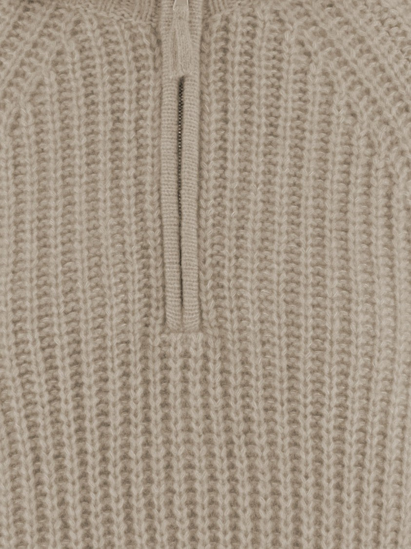 Allude Beige Zip Turtleneck Cashmere-Silk Sweater